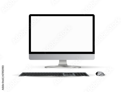 Monitor PC mockup. Trendy realistic thin frame monitor or Pc with mouse and keyboard isolated on white background. 3d realistic gadgets. Layout for web site, presentation, or advertising.