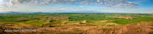 Panoramic View of the Stunning Palouse Landscape of Eastern Washington. Colors seem to shift and change in the light on the rolling agricultural landscape from Steptoe Butte State Park.