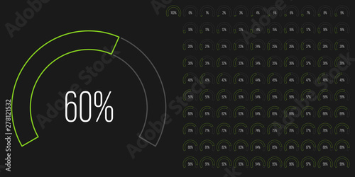 Set of circular sector percentage diagrams (meters) from 0 to 100 ready-to-use for web design, user interface (UI) or infographic - indicator with green