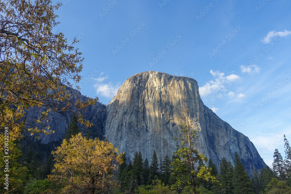A view of El Capitan at sunset in spring in Yosemite Valley, Yosemite National Park, California where Free Solo was filmed