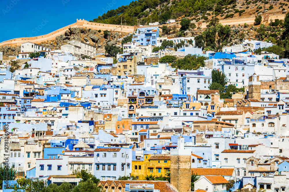 Panoramic view on famous moroccan blue city Chefchaouen, Morocco