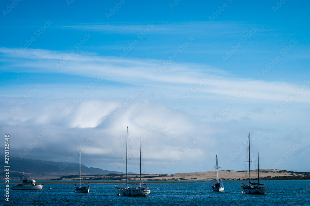Sailboats in a California bay with blue sky and clouds.