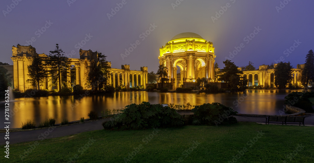 Panoramic view of the Palace on a foggy summer evening. San Francisco, California, USA.