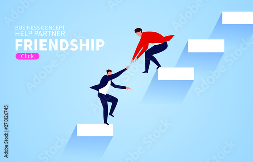 Businessman pulling partner up the stairs