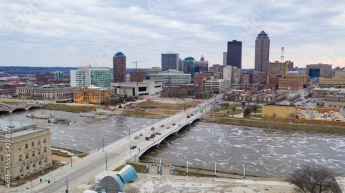 Aerial View Of the Cedar River Running thru a Town in Iowa photo