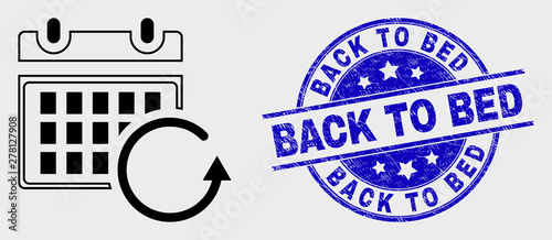Vector stroke calendar rollback icon and Back to Bed seal stamp. Blue rounded distress seal stamp with Back to Bed caption. Black isolated calendar rollback pictogram in outline style.