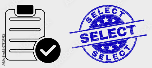 Vector linear accept pad text pictogram and Select seal stamp. Blue rounded grunge seal stamp with Select text. Black isolated accept pad text symbol in stroke style.
