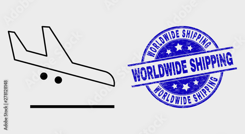 Vector stroke airplane landing icon and Worldwide Shipping watermark. Blue rounded textured watermark with Worldwide Shipping title. Black isolated airplane landing symbol in stroke style.