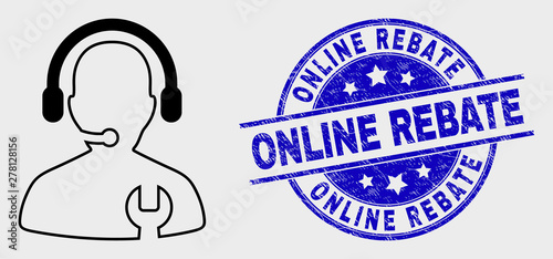 Vector outline call center serviceman pictogram and Online Rebate stamp. Blue rounded distress watermark with Online Rebate phrase. Black isolated call center serviceman pictogram in outline style.