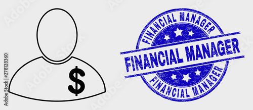 Vector outline banker pictogram and Financial Manager watermark. Blue rounded grunge watermark with Financial Manager text. Black isolated banker symbol in outline style.
