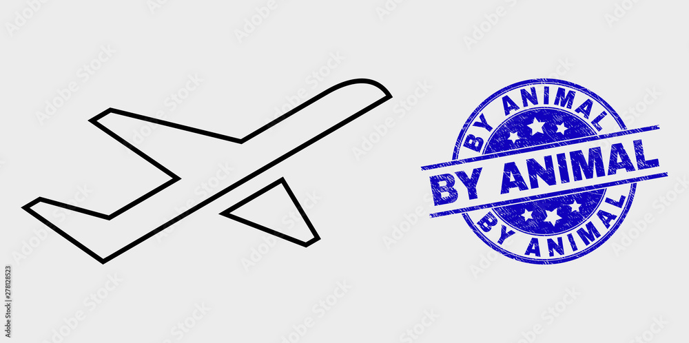 Vector outline airplane takeoff icon and By Animal seal stamp. Blue round textured seal stamp with By Animal title. Black isolated airplane takeoff pictogram in contour style.