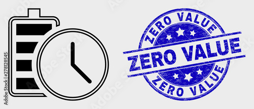 Vector contour battery charge time pictogram and Zero Value seal stamp. Blue rounded scratched seal stamp with Zero Value text. Black isolated battery charge time icon in line style.