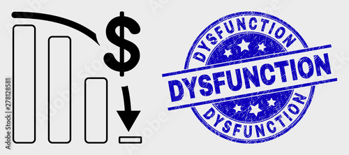 Vector contour bankruptcy bar chart pictogram and Dysfunction seal. Blue rounded scratched seal stamp with Dysfunction text. Black isolated bankruptcy bar chart pictogram in contour style.