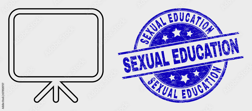 Vector line banner board icon and Sexual Education seal. Blue round textured seal stamp with Sexual Education text. Black isolated banner board icon in line style.
