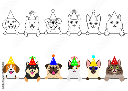 smiling cats and dogs with party hat border set