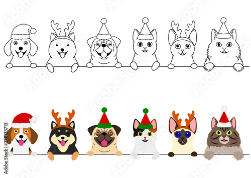 smiling cats and dogs with Christmas costumes border set