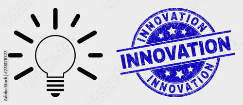 Vector contour bulb light pictogram and Innovation watermark. Blue round textured seal with Innovation text. Black isolated bulb light pictogram in contour style.
