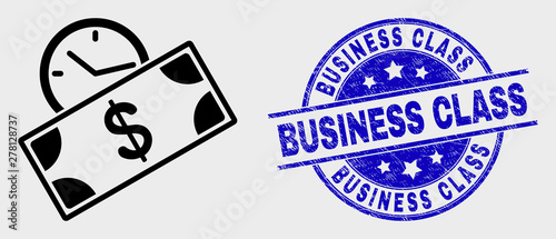 Vector contour banknote credit time icon and Business Class stamp. Blue rounded grunge stamp with Business Class text. Black isolated banknote credit time icon in contour style.