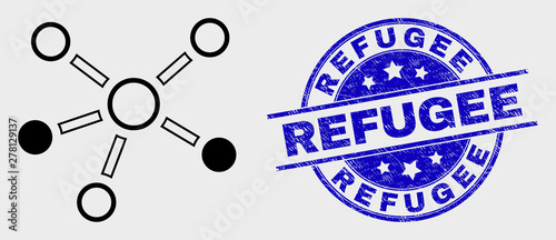 Vector outline relations icon and Refugee seal stamp. Blue round distress seal stamp with Refugee text. Black isolated relations icon in stroke style.