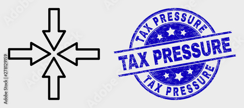 Vector line collapse arrows icon and Tax Pressure seal. Blue round distress seal with Tax Pressure text. Black isolated collapse arrows symbol in line style.
