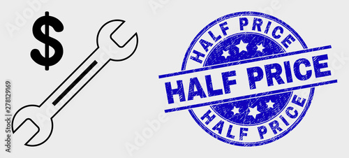 Vector line dollar wrench pictogram and Half Price stamp. Blue rounded scratched seal stamp with Half Price text. Black isolated dollar wrench pictogram in contour style.