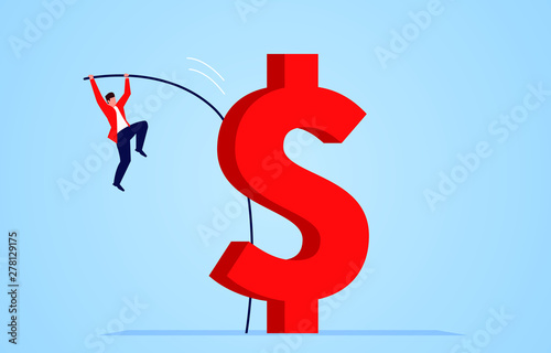 Businessman pole vault jumping dollar