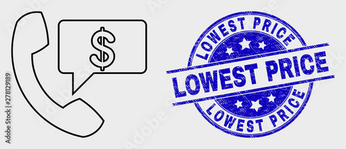 Vector contour financial phone message pictogram and Lowest Price seal stamp. Blue rounded distress seal stamp with Lowest Price title. Black isolated financial phone message icon in stroke style.