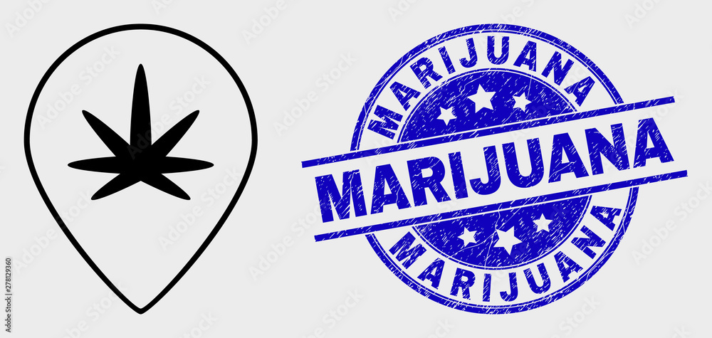 Obraz premium Vector outline cannabis map marker pictogram and Marijuana seal. Blue round grunge seal with Marijuana title. Black isolated cannabis map marker pictogram in stroke style.
