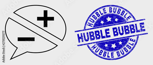 Vector linear discussion messages icon and Hubble Bubble seal. Blue rounded grunge stamp with Hubble Bubble message. Black isolated discussion messages icon in linear style.