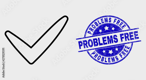 Vector linear yes tick pictogram and Problems Free watermark. Blue round grunge watermark with Problems Free phrase. Black isolated yes tick pictogram in contour style.