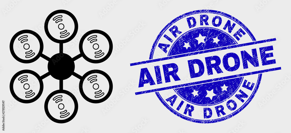 Vector outline hexacopter icon and Air Drone seal stamp. Blue round textured seal with Air Drone caption. Black isolated hexacopter icon in stroke style.