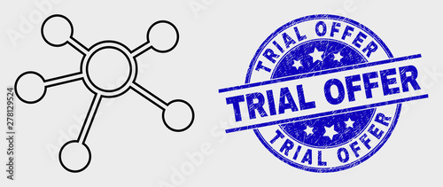 Vector contour links icon and Trial Offer seal stamp. Blue round distress stamp with Trial Offer phrase. Black isolated links icon in line style.
