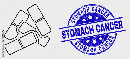 Vector line medical pills pictogram and Stomach Cancer seal. Blue rounded distress seal with Stomach Cancer text. Black isolated medical pills pictogram in line style.