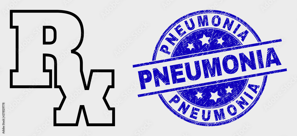 Obraz premium Vector line Rx symbol icon and Pneumonia watermark. Blue rounded scratched watermark with Pneumonia caption. Black isolated Rx symbol icon in outline style.