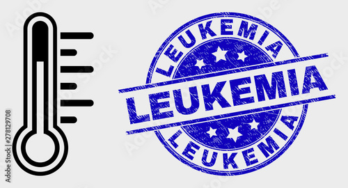 Vector line temperature pictogram and Leukemia seal stamp. Blue round scratched seal stamp with Leukemia text. Black isolated temperature symbol in contour style.