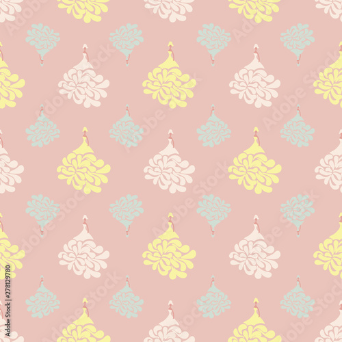 A seamless vector pattern with dolls in white dresses on powder pink background. Surface print design.