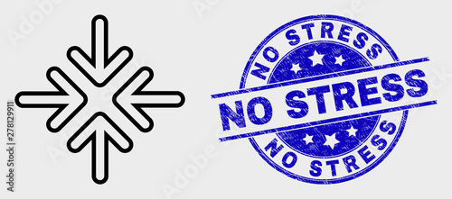 Vector linear meeting point arrows pictogram and No Stress seal stamp. Blue rounded grunge stamp with No Stress title. Black isolated meeting point arrows pictogram in stroke style.