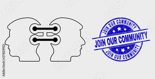 Vector stroke head links integration icon and Join Our Community seal stamp. Blue rounded textured stamp with Join Our Community message. Black isolated head links integration icon in linear style.