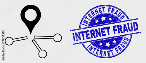 Vector stroke map pointer links icon and Internet Fraud seal stamp. Blue rounded grunge stamp with Internet Fraud message. Black isolated map pointer links icon in outline style.