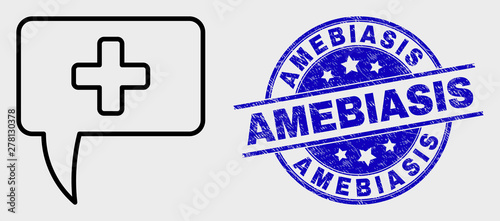 Vector line medical message hint icon and Amebiasis seal stamp. Blue rounded textured seal stamp with Amebiasis message. Black isolated medical message hint icon in line style.