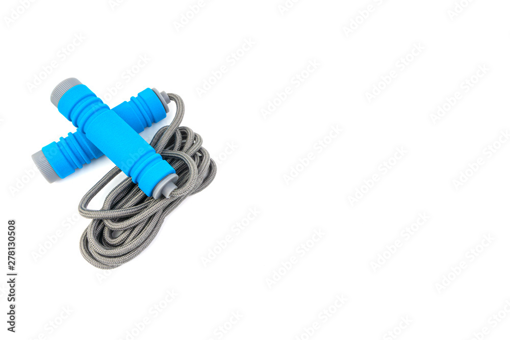 Skipping rope or jumping rope isolated on white background. Selective focus and crop fragment