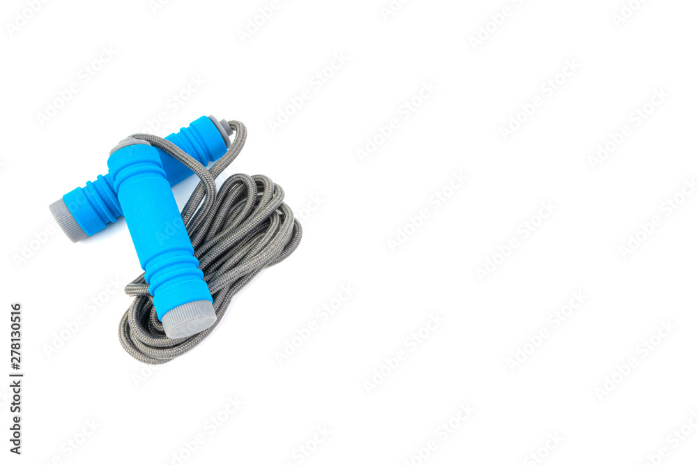 Skipping rope or jumping rope isolated on white background. Selective focus and crop fragment Skipping rope or jumping rope isolated on white background. Selective focus and crop fragment