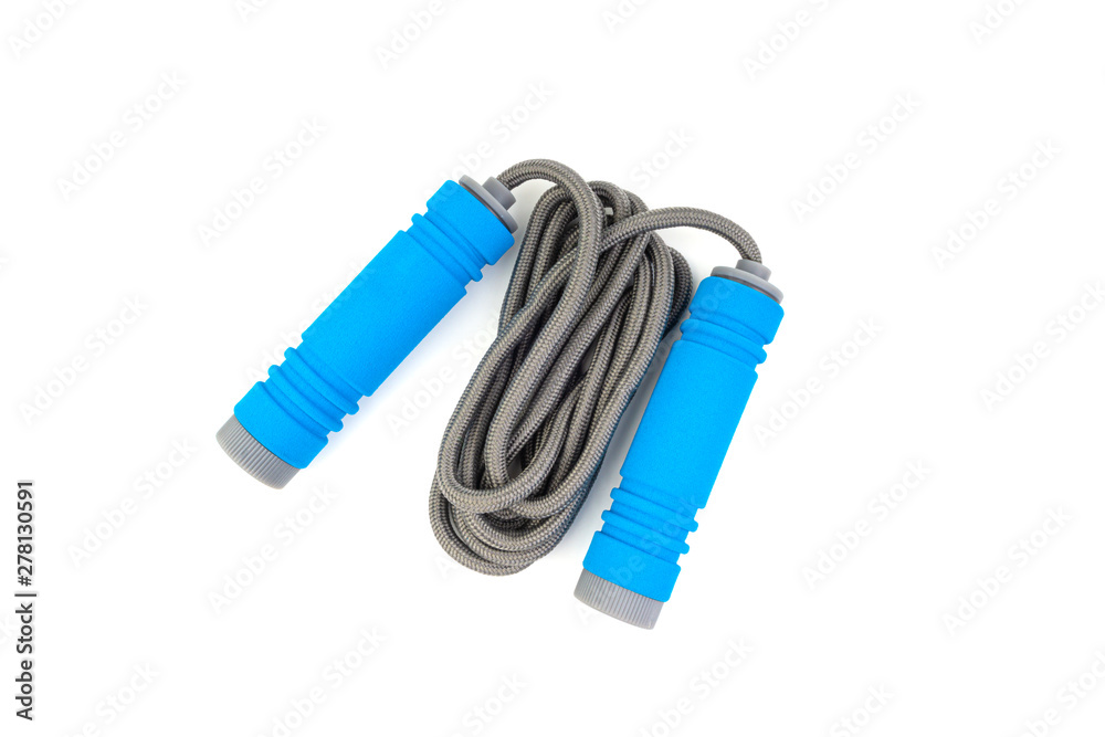 Skipping rope or jumping rope isolated on white background. Selective focus and crop fragment Skipping rope or jumping rope isolated on white background. Selective focus and crop fragment