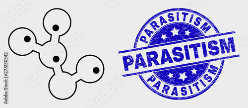 Vector linear microbes icon and Parasitism seal. Blue rounded distress seal with Parasitism phrase. Black isolated microbes icon in linear style.