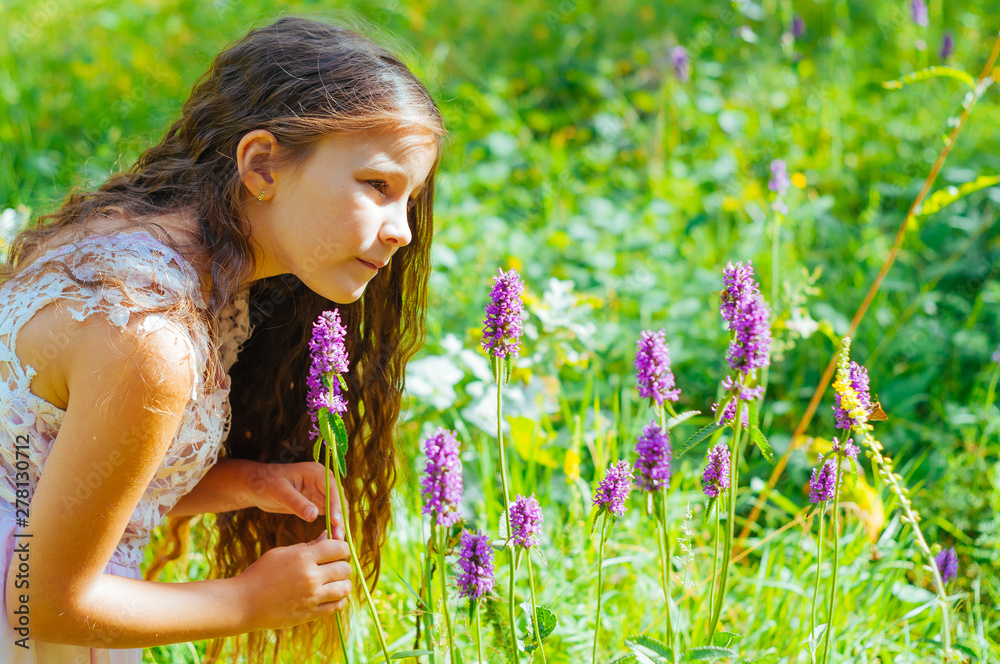 little girl watching a bee pollinate wild flowers in a field
