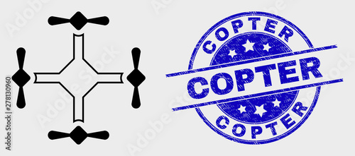 Vector linear quadcopter icon and Copter seal stamp. Blue round grunge seal stamp with Copter title. Black isolated quadcopter symbol in line style.