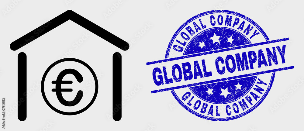 Vector outline euro bank pictogram and Global Company watermark. Blue round textured watermark with Global Company caption. Black isolated euro bank pictogram in outline style. Vector outline euro bank pictogram and Global Company watermark. Blue round textured watermark with Global Company caption. Black isolated euro bank pictogram in outline style.