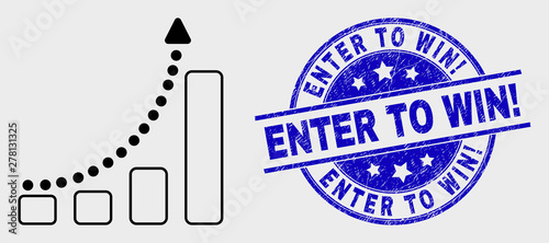 Vector linear fast growing trend icon and Enter to Win! seal stamp. Blue round textured seal stamp with Enter to Win! message. Black isolated fast growing trend icon in line style.
