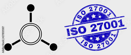 Vector stroke masternode links pictogram and ISO 27001 seal stamp. Blue round textured seal with ISO 27001 phrase. Black isolated masternode links pictogram in stroke style.