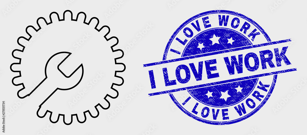 Vector outline settings gear icon and I Love Work seal. Blue round distress stamp with I Love Work phrase. Black isolated settings gear icon in outline style.